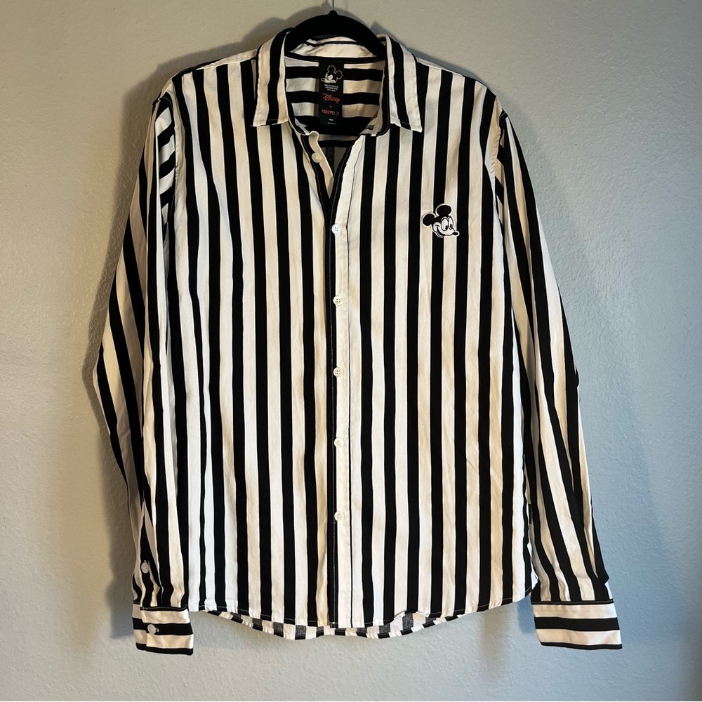 Disney x Forever 21 Men Striped Black & White Button Down Mickey Shirt Large